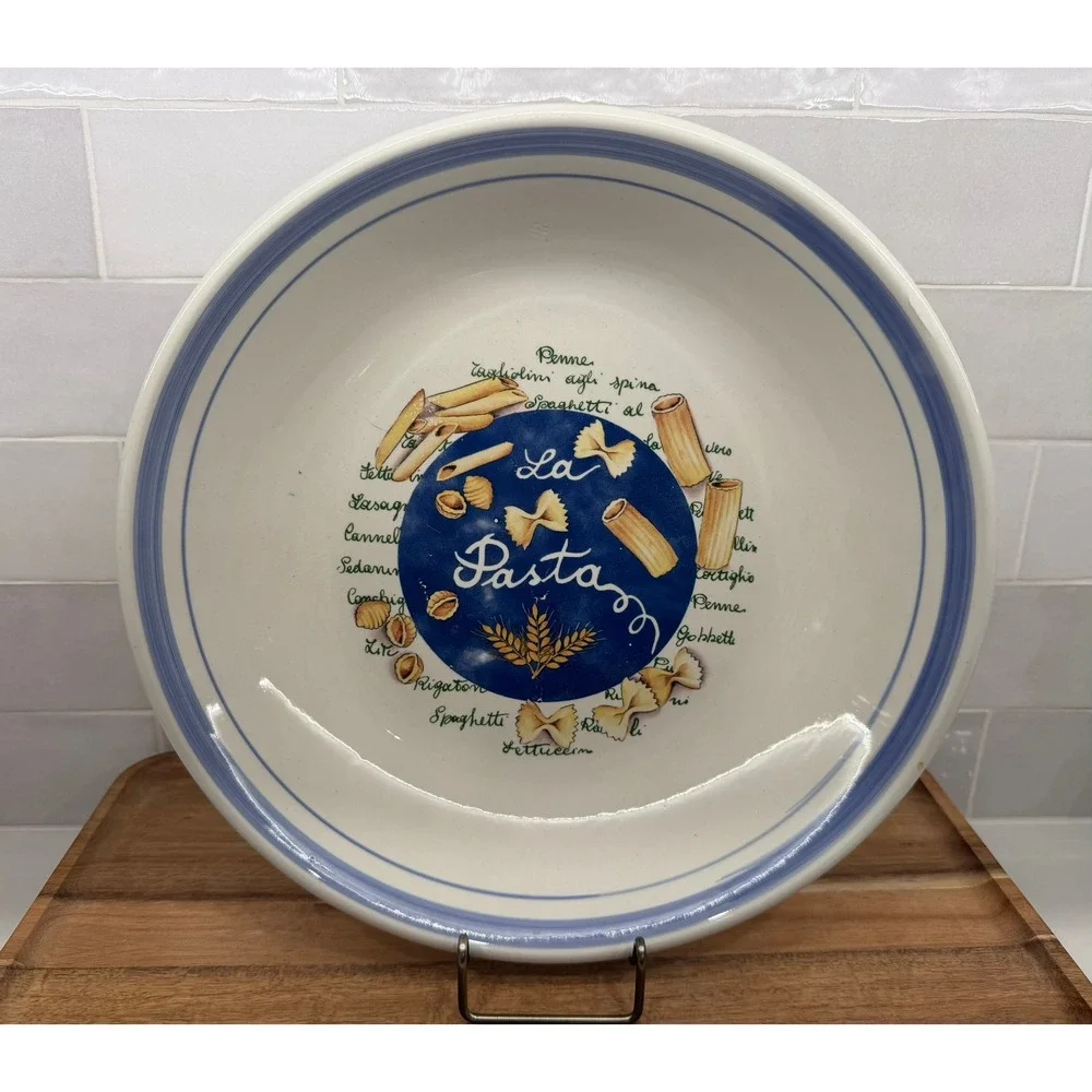 Vintage Italian Ceramic La Pasta Serving Bowl‎ Made in Italy Blue White 12 Inch